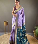 Lavender Soft Silk Saree With Beautiful Zig Zag Design With Zari Patta & Ikkat Weaving Pallu With Contrast Blouse