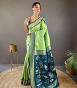 Pista Soft Silk Saree With Beautiful Zig Zag Design With Zari Patta & Ikkat Weaving Pallu With Contrast Blouse