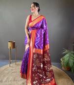 Purple Soft Silk Saree With Beautiful Zig Zag Design With Zari Patta & Ikkat Weaving Pallu With Contrast Blouse