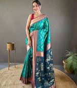 Rama Soft Silk Saree With Beautiful Zig Zag Design With Zari Patta & Ikkat Weaving Pallu With Contrast Blouse