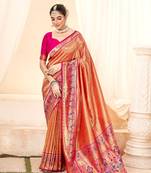 Orange soft tissue silk blend with zari weaving saree with blouse