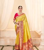Yellow soft tissue silk blend with zari weaving saree with blouse