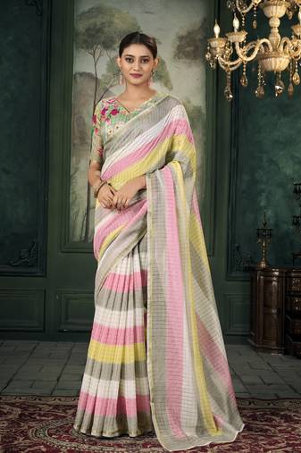 Multicolor soft linen silk with zari weaving saree with blouse