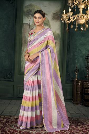 Multicolor soft linen silk with zari weaving saree with blouse