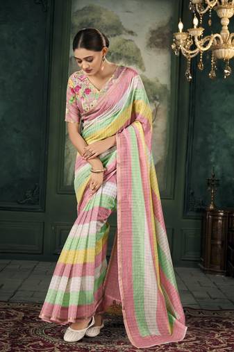 Multicolor soft linen silk with zari weaving saree with blouse