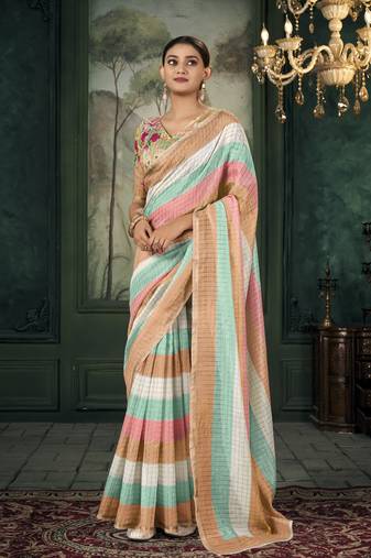 Multicolor soft linen silk with zari weaving saree with blouse