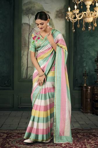 Multicolor soft linen silk with zari weaving saree with blouse