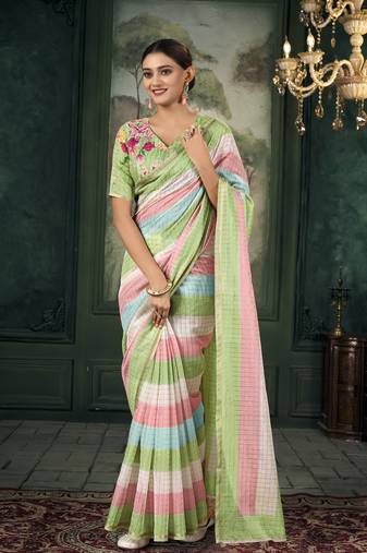 Multicolor soft linen silk with zari weaving saree with blouse