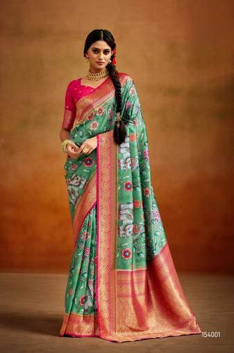 Green soft tusser silk with kalamkari weaving saree with blouse