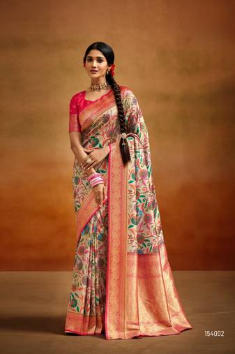 Cream soft tusser silk with kalamkari weaving saree with blouse