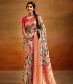 Cream soft tusser silk blend with kalamkari weaving saree with blouse