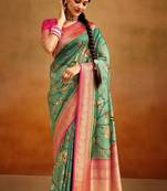 Dark green soft tusser silk blend with kalamkari weaving saree with blouse