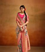 Light beige soft tusser silk blend with kalamkari weaving saree with blouse