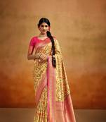 Yellow soft tusser silk blend with kalamkari weaving saree with blouse