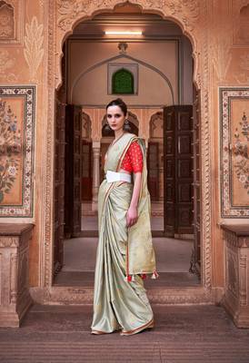 Light green sattin silk blend with zari weaving saree with blouse 1