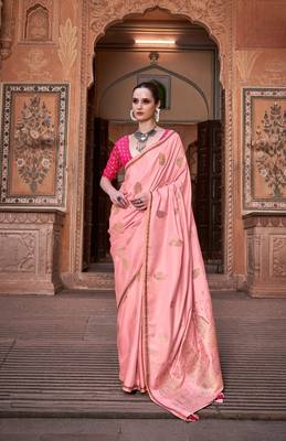 Peach sattin silk blend with zari weaving saree with blouse 1