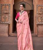 Peach sattin silk blend with zari weaving saree with blouse