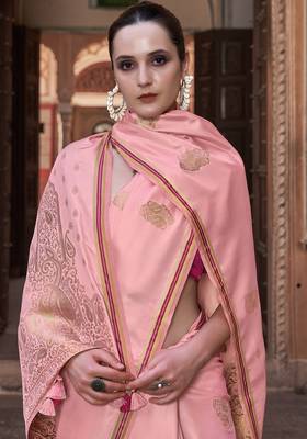 Peach sattin silk blend with zari weaving saree with blouse 2