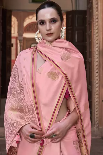 Peach sattin silk blend with zari weaving saree with blouse