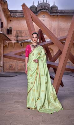 Green sattin silk blend with zari weaving saree with blouse 1