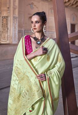 Green sattin silk blend with zari weaving saree with blouse 2