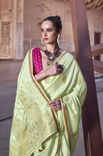 Green sattin silk blend with zari weaving saree with blouse
