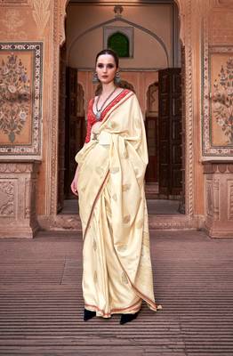 Cream sattin silk blend with zari weaving saree with blouse 1