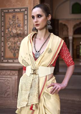 Cream sattin silk blend with zari weaving saree with blouse 2
