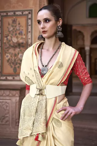 Cream sattin silk blend with zari weaving saree with blouse