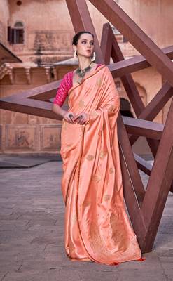 Orange sattin silk blend with zari weaving saree with blouse 1