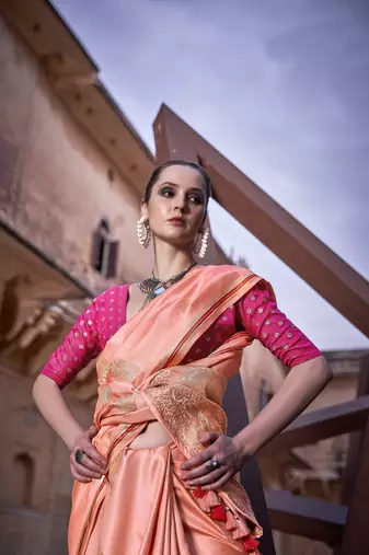 Orange sattin silk blend with zari weaving saree with blouse