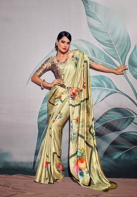 Green sattin silk blend with zari weaving saree with blouse 1