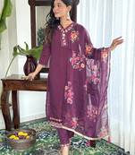 Black Thread Work Embroidered Chanderi Fabric Straight Kurta, Pant and Dupatta Set