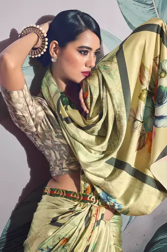 Green sattin silk blend with zari weaving saree with blouse