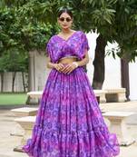 Women's Wear Purple Colour Semi Stitched Crop Top Lehenga