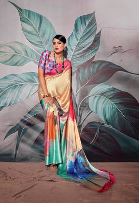 Cream sattin silk blend with zari weaving saree with blouse 1