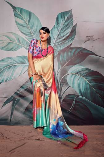 Cream pure sattin silk with zari weaving saree with blouse