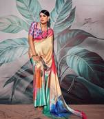 Cream sattin silk blend with zari weaving saree with blouse