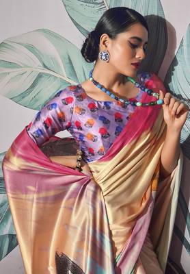 Cream sattin silk blend with zari weaving saree with blouse 2