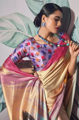 Cream sattin silk blend with zari weaving saree with blouse
