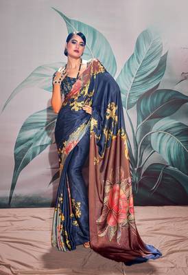 Navy blue sattin silk blend with zari weaving saree with blouse 1