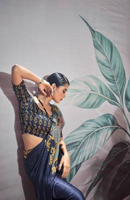 Navy blue sattin silk blend with zari weaving saree with blouse 2