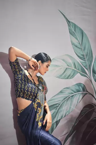 Navy blue sattin silk blend with zari weaving saree with blouse