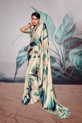 Off white sattin silk blend with zari weaving saree with blouse 1