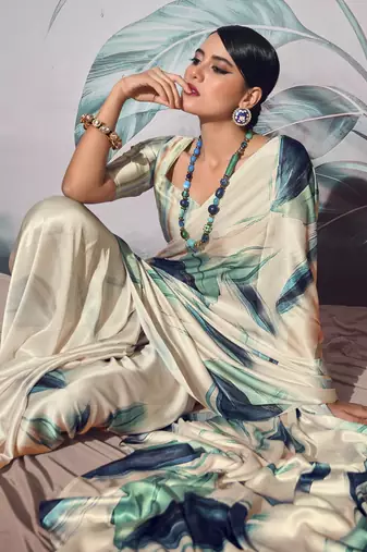 Off white sattin silk blend with zari weaving saree with blouse
