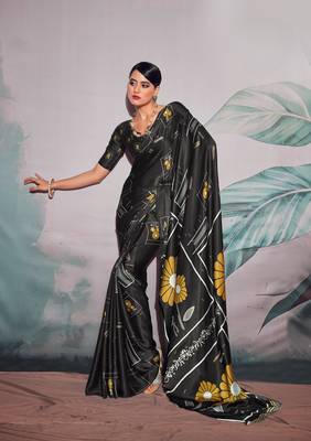 Black sattin silk blend with zari weaving saree with blouse 1