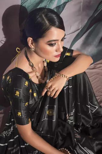 Black sattin silk blend with zari weaving saree with blouse