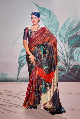 Maroon sattin silk blend with zari weaving saree with blouse 1