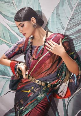 Maroon sattin silk blend with zari weaving saree with blouse 2