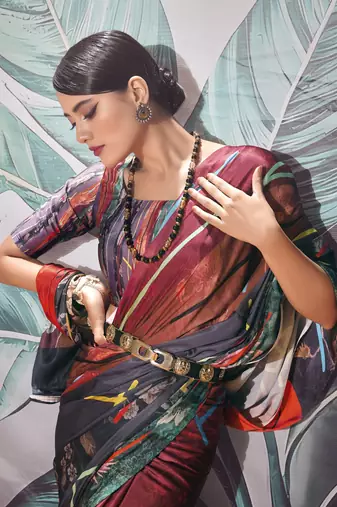Maroon sattin silk blend with zari weaving saree with blouse